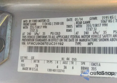 2014 Ford Escape Se из США, поврежденный, VIN 1FMCU9G97EUC31192